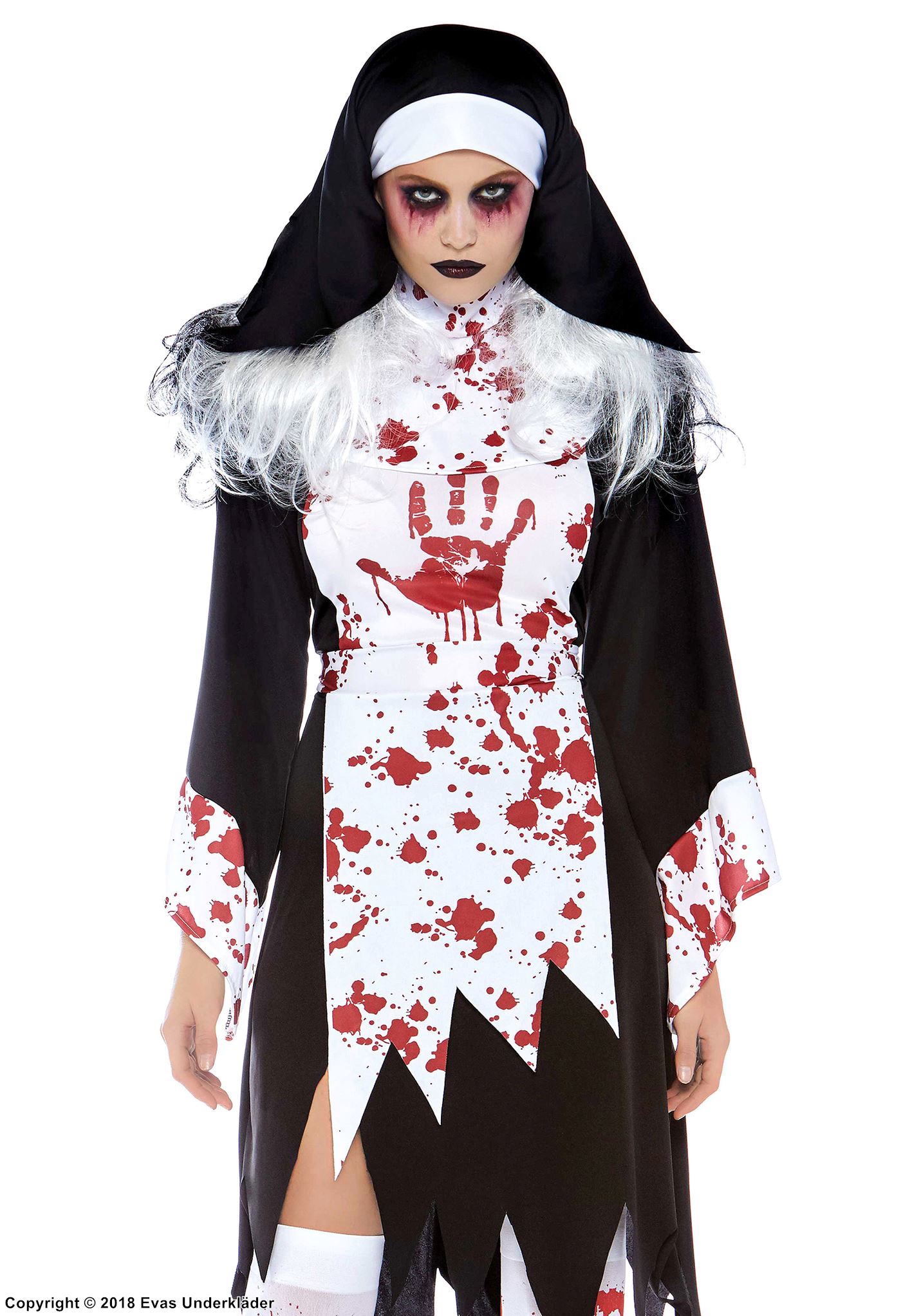 Läskig nunna, maskeradklänning med revor, blodstänk